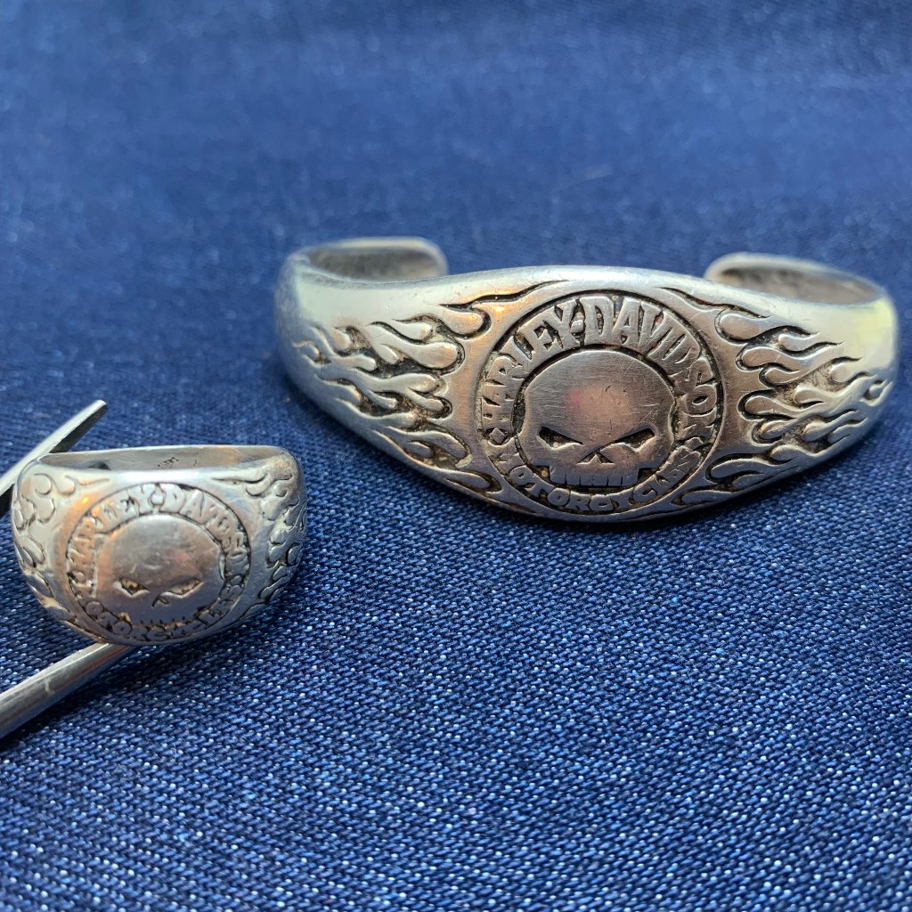 Willy G .925 Sterling Harley Davidson 2.29oz Cuff Brace & .45oz Size 8 Ring Set.
